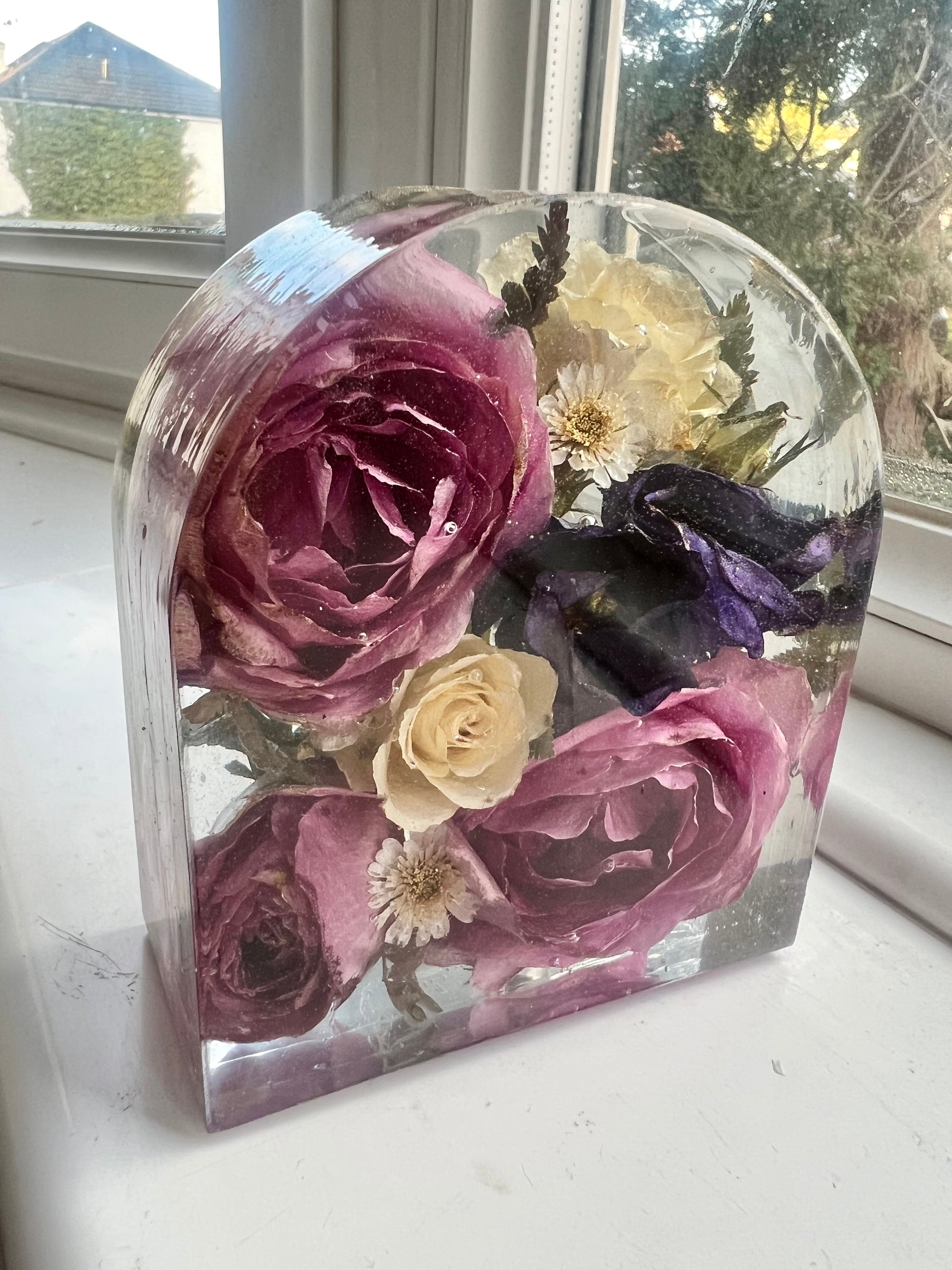 Arch Block Resin Large Bookend Shape Classic Elegant Handmade Flower Preservation Wedding Bouquet Flowers, Funeral Flowers