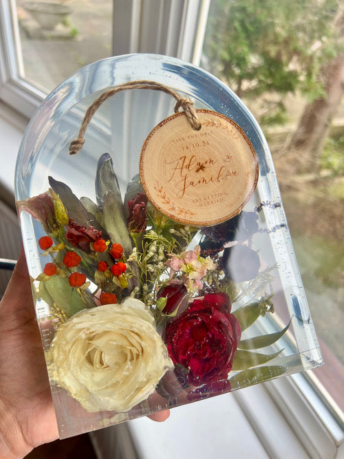 Arch Block Resin Large Bookend Shape Classic Elegant Handmade Flower Preservation Wedding Bouquet Flowers, Funeral Flowers