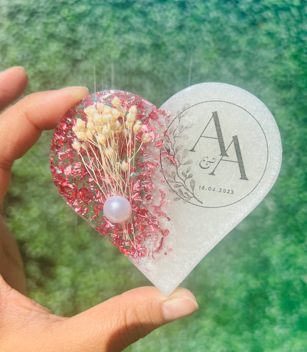 Personalised Pink Foil White Flower Heart Magnet Favors