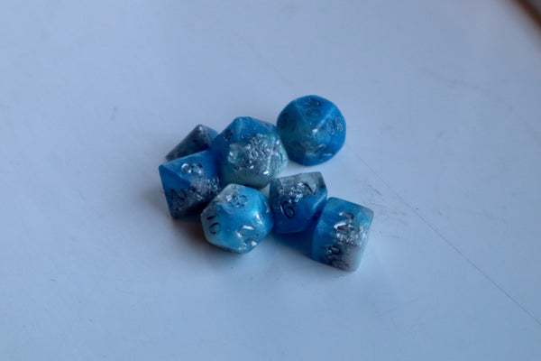 Mini Blue Silver Leaf and Magical White  DND Rounded Edge Dice Set Dungeons and Dragons D20 D6 Role Playing Dice D&D Handmade Artisan