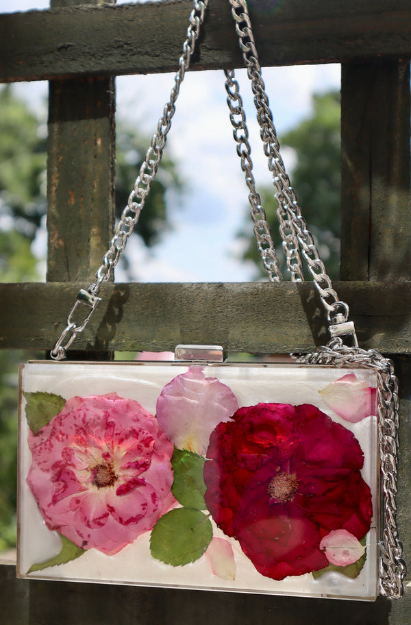 Real Pressed Handmade Flower Clutch Bag Elegant Style Evening Unique Gift Wedding Anniversary Birthday Rose Resin